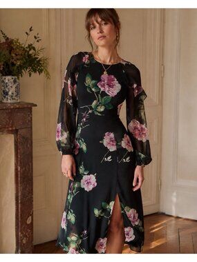 Lulus Once and Flor-All Midi Dress Small Black Floral Sheer Ruffle Long Sleeve
